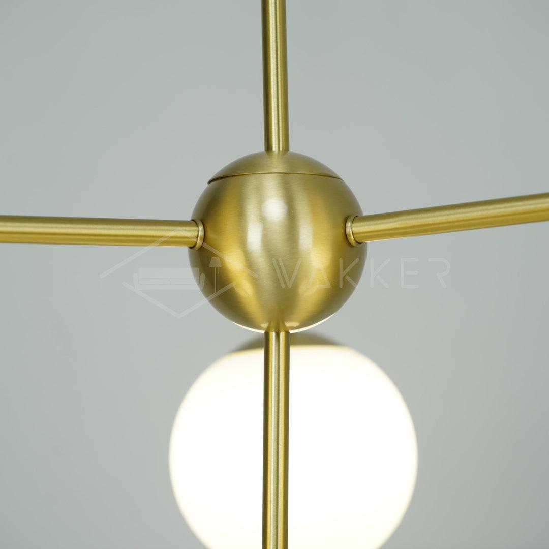 Mid Century Modern Sphere and Stem Chandelier with White Glass Globes and Brass Finish
