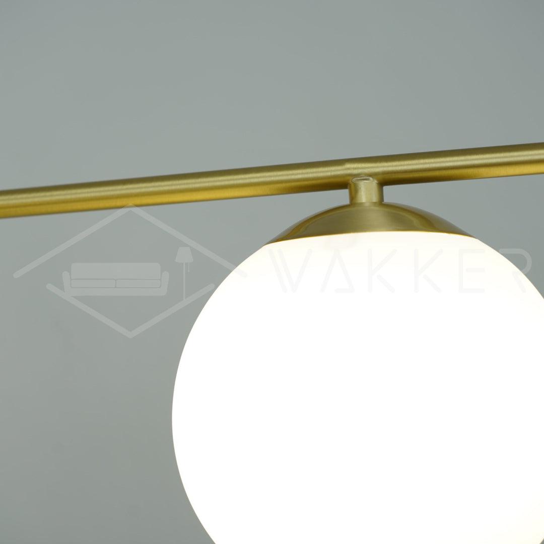 Mid Century Modern Sphere and Stem Chandelier with White Glass Globes and Brass Finish