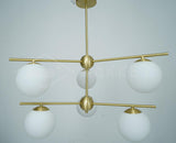 Mid Century Modern Sphere and Stem Chandelier with White Glass Globes and Brass Finish