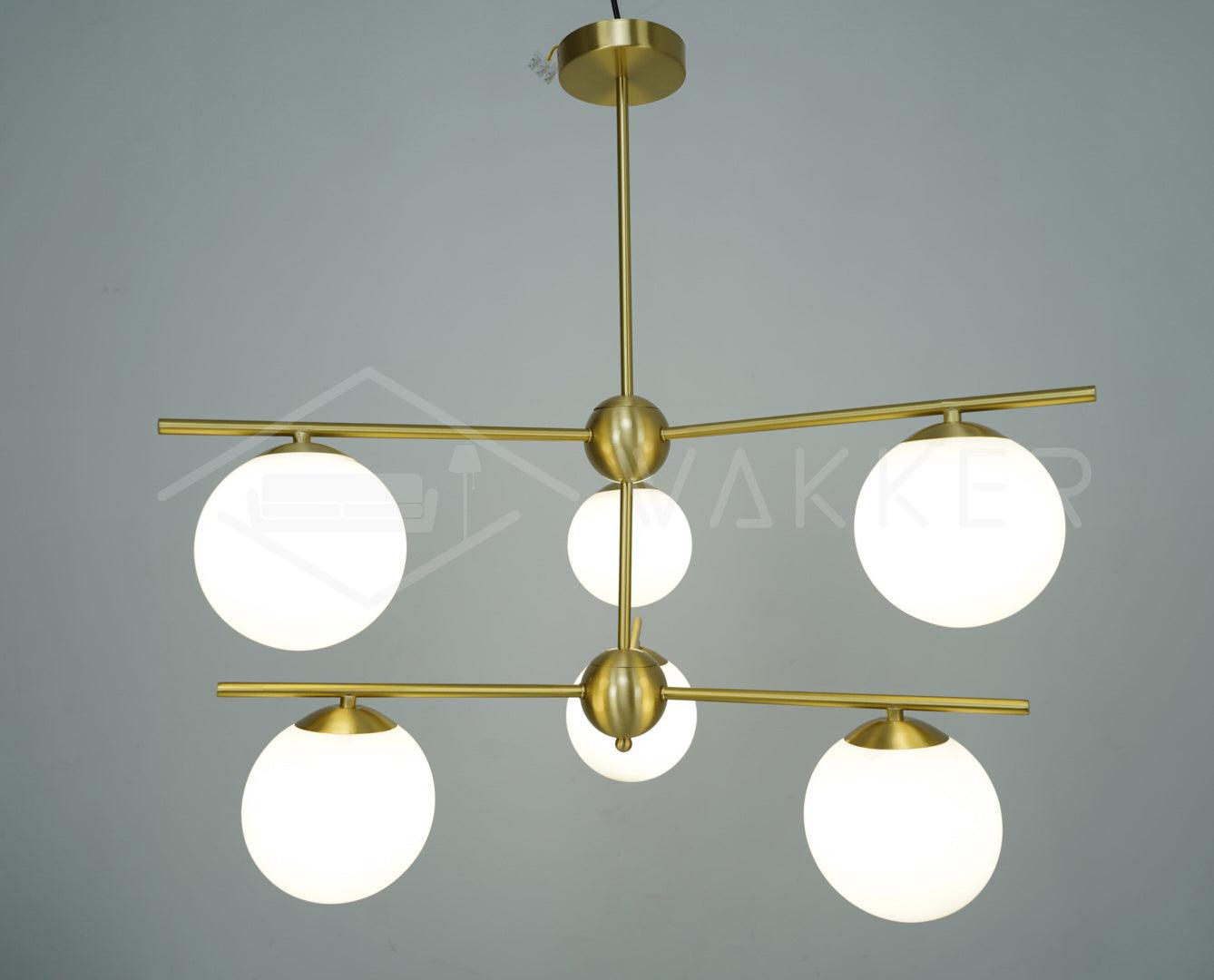 Mid Century Modern Sphere and Stem Chandelier with White Glass Globes and Brass Finish
