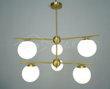 Mid Century Modern Sphere and Stem Chandelier with White Glass Globes and Brass Finish