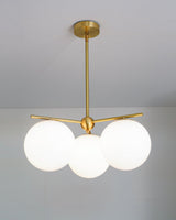 Mid Century Modern Sphere and Stem Chandelier with White Glass Globes and Brass Finish