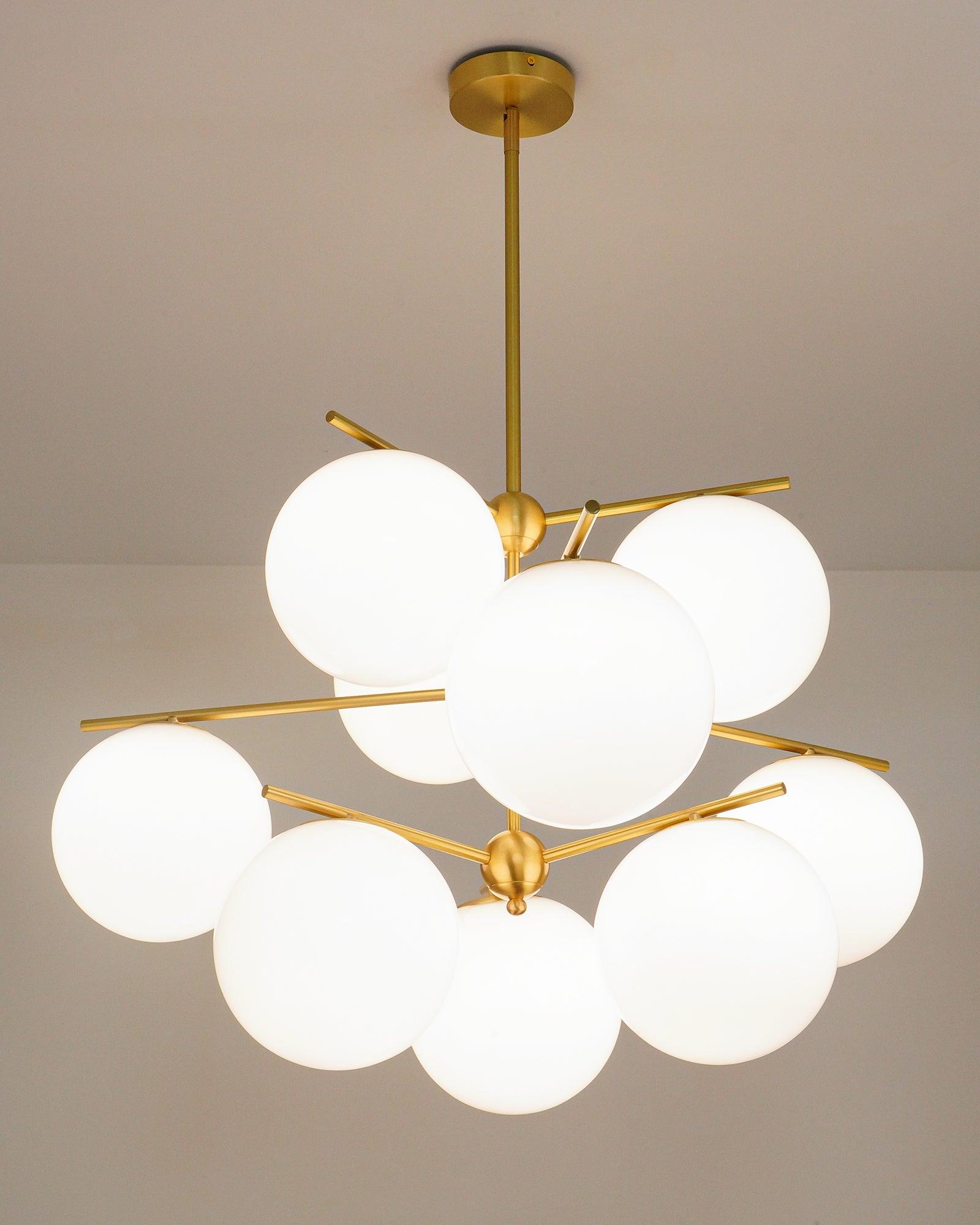 Mid Century Modern Sphere and Stem Chandelier with White Glass Globes and Brass Finish