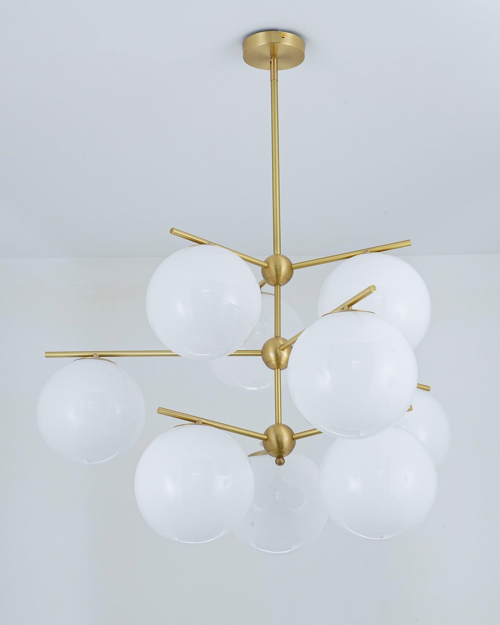 Mid Century Modern Sphere and Stem Chandelier with White Glass Globes and Brass Finish