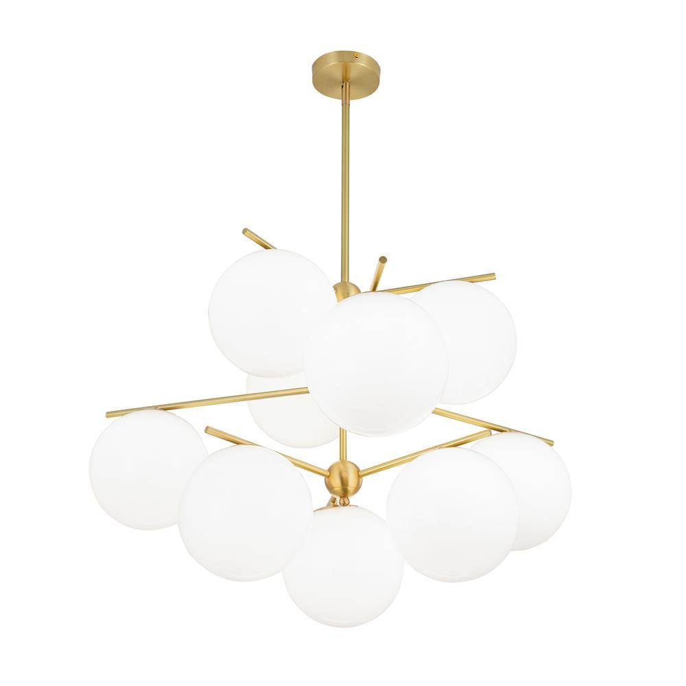 Mid Century Modern Sphere and Stem Chandelier with White Glass Globes and Brass Finish