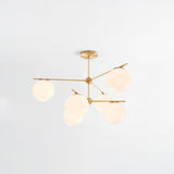 Mid Century Modern Sphere and Stem Chandelier with White Glass Globes and Brass Finish