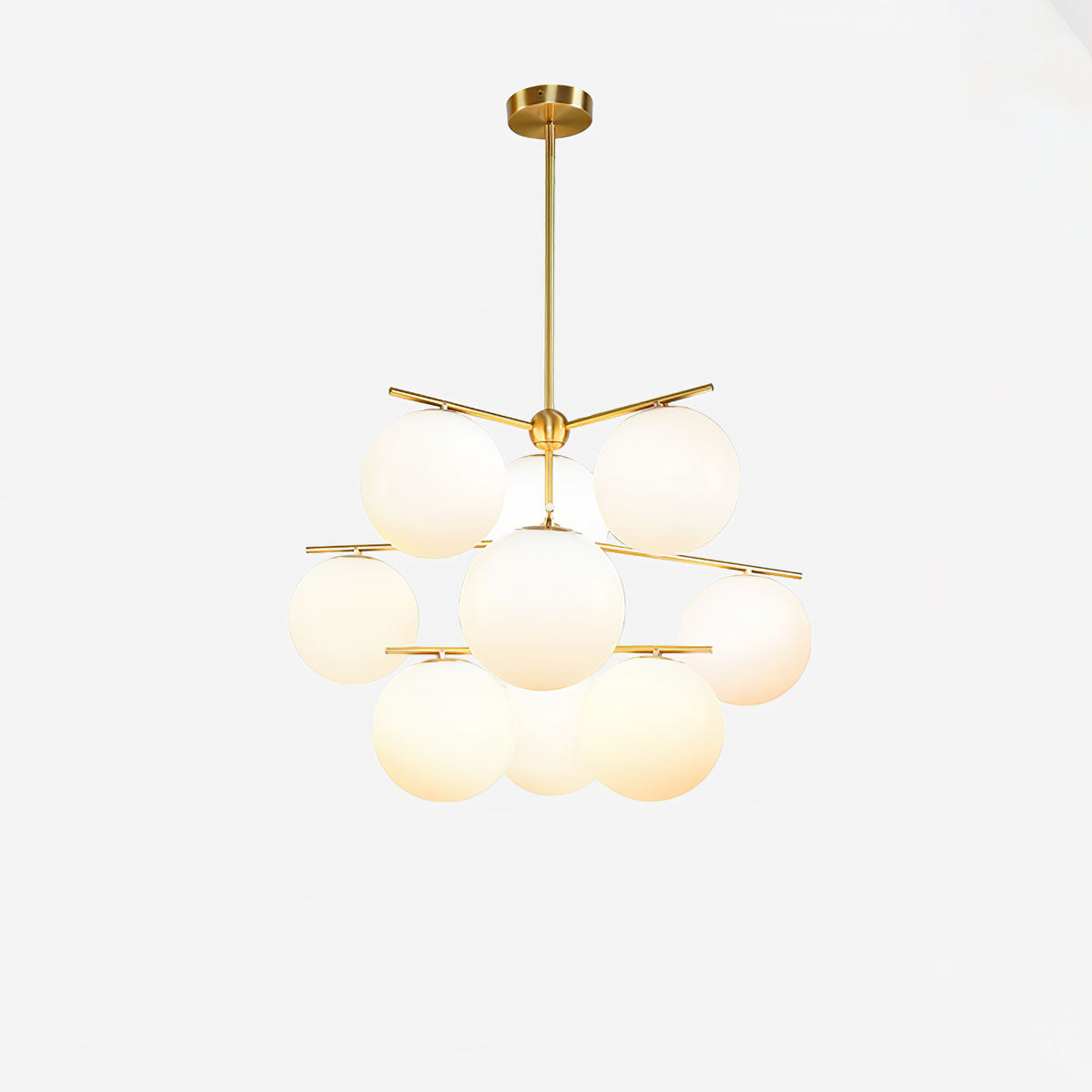 Mid Century Modern Sphere and Stem Chandelier with White Glass Globes and Brass Finish