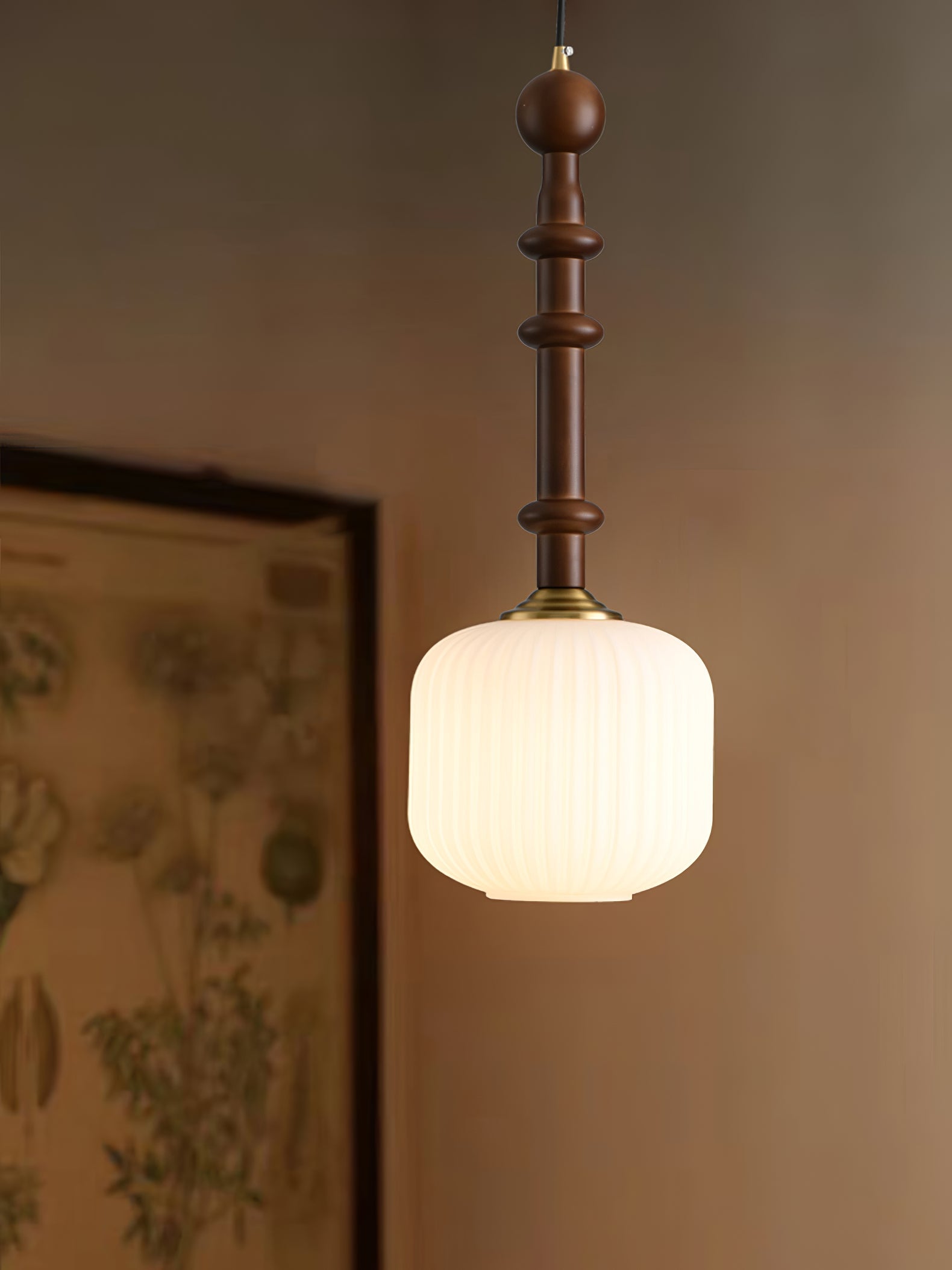 Mid Century Modern Wood Hanging Light Edison Pendant with White Ribbed Glass