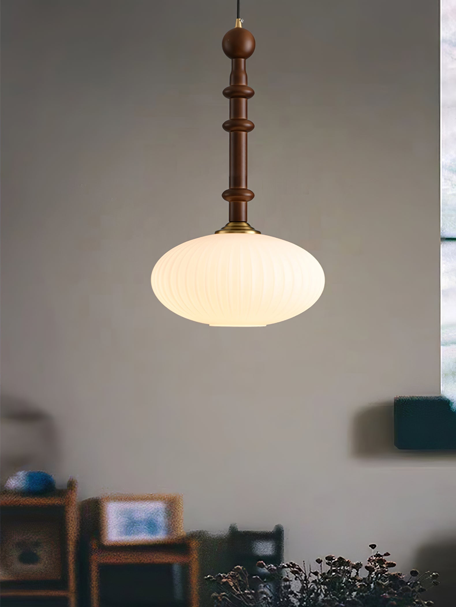 Mid Century Modern Wood Hanging Light Edison Pendant with White Ribbed Glass