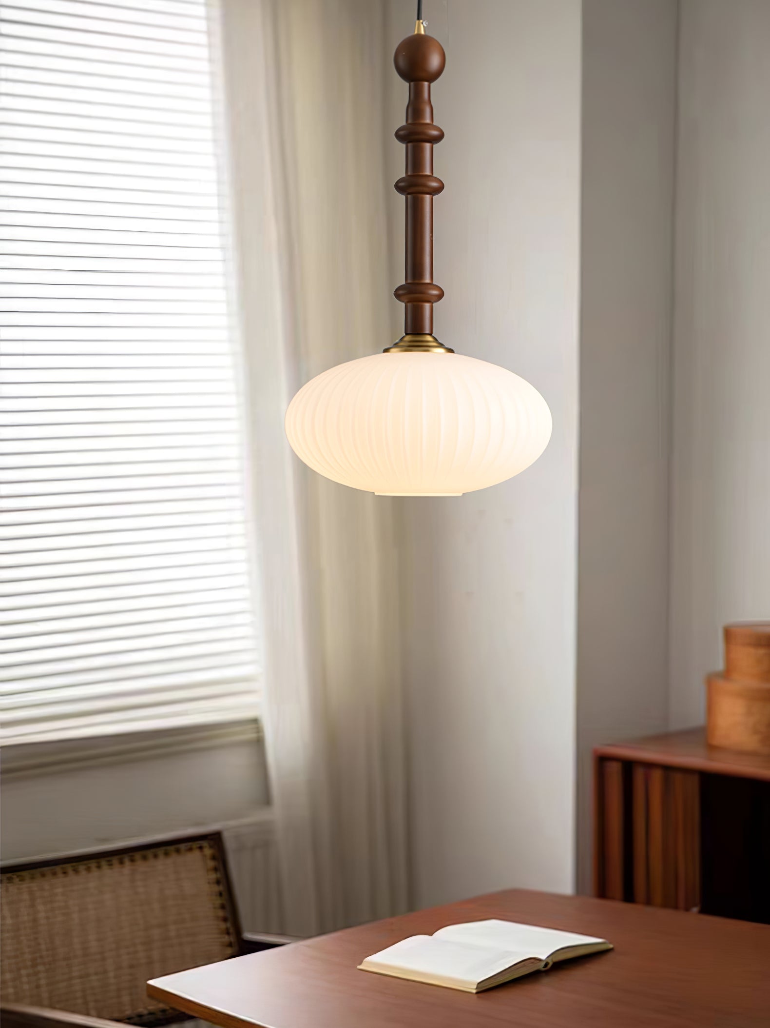 Mid Century Modern Wood Hanging Light Edison Pendant with White Ribbed Glass