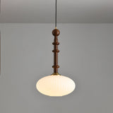 Mid Century Modern Wood Hanging Light Edison Pendant with White Ribbed Glass