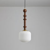 Mid Century Modern Wood Hanging Light Edison Pendant with White Ribbed Glass