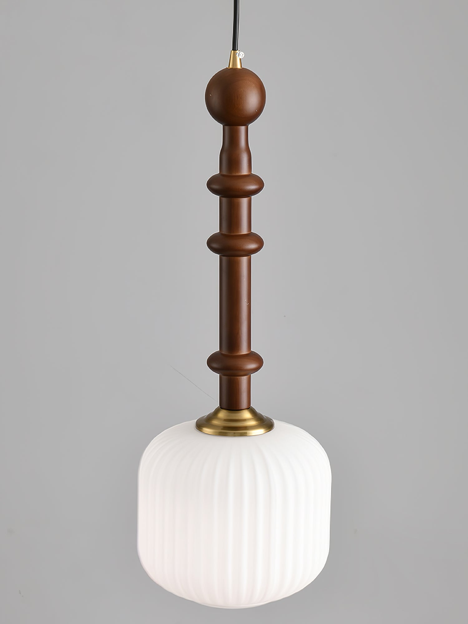 Mid Century Modern Wood Hanging Light Edison Pendant with White Ribbed Glass