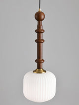 Mid Century Modern Wood Hanging Light Edison Pendant with White Ribbed Glass