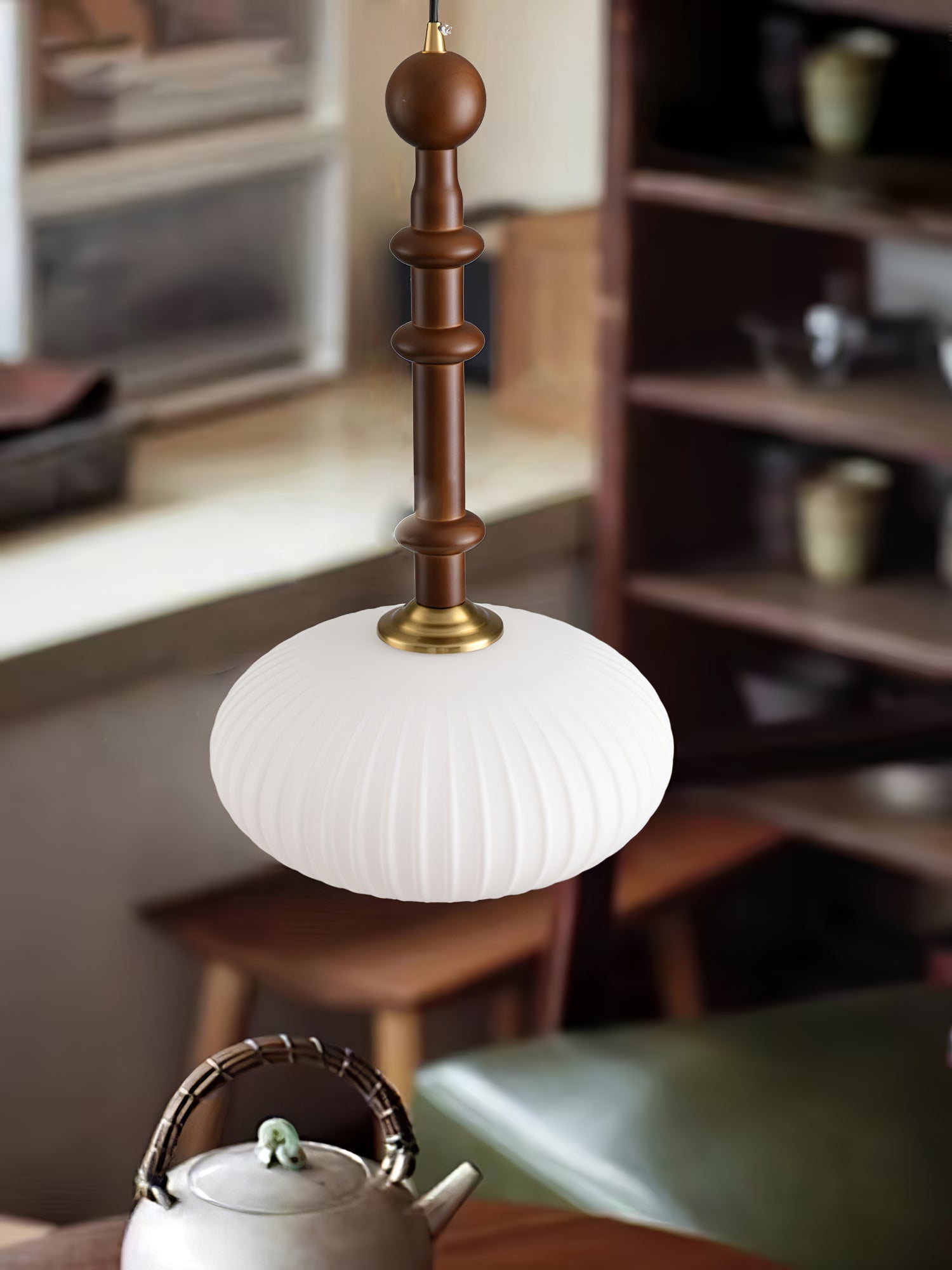 Mid Century Modern Wood Hanging Light Edison Pendant with White Ribbed Glass