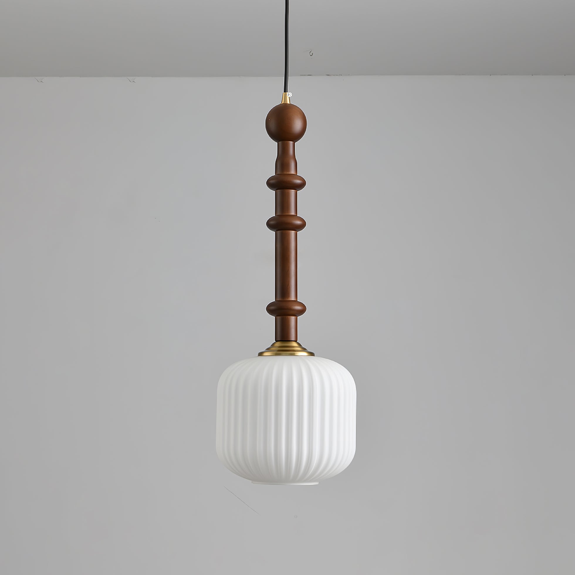 Mid Century Modern Wood Hanging Light Edison Pendant with White Ribbed Glass