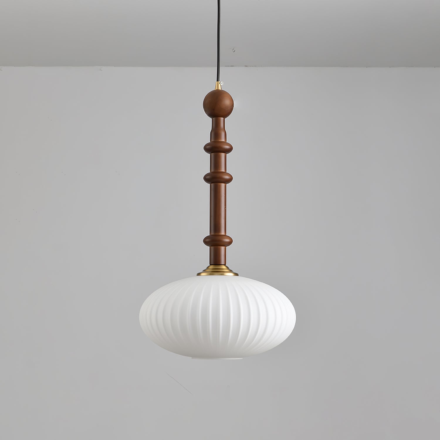 Mid Century Modern Wood Hanging Light Edison Pendant with White Ribbed Glass