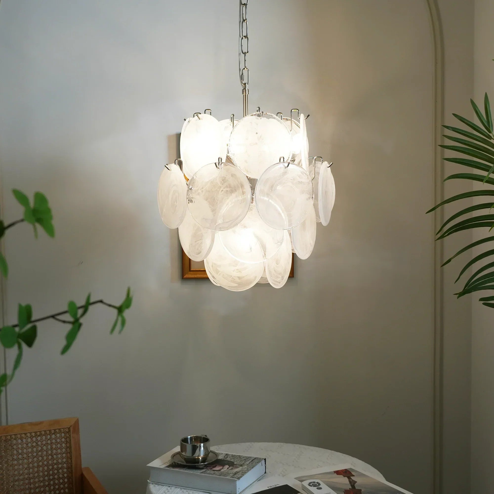 mid-century-murano-style-white-glass-disk-chandelier-with-polished-metal-finish