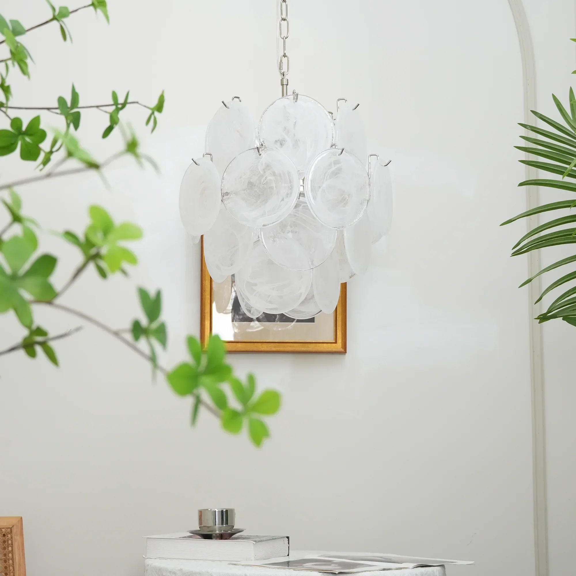 mid-century-murano-style-white-glass-disk-chandelier-with-polished-metal-finish
