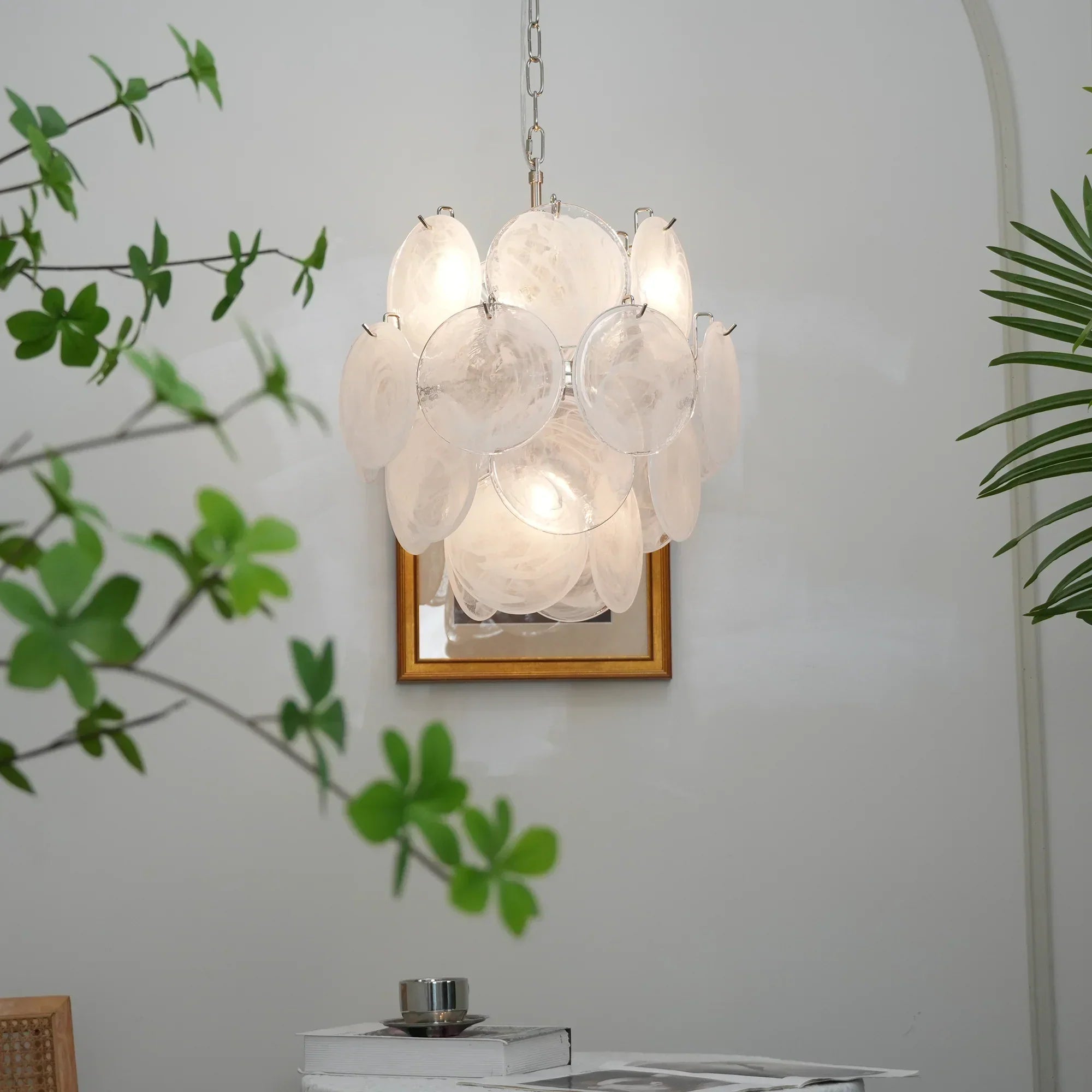 mid-century-murano-style-white-glass-disk-chandelier-with-polished-metal-finish