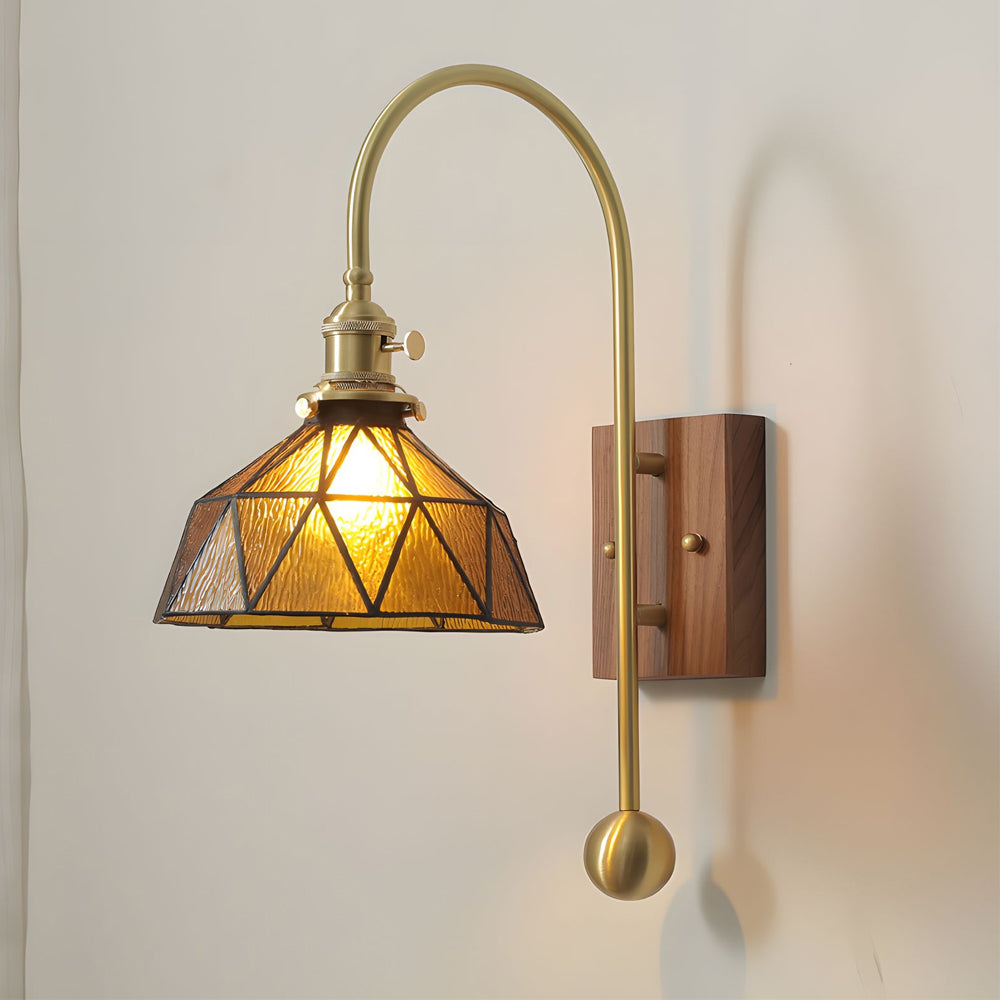 Mid Century Vintage Brass Wall Sconce with Water Ripple Glass Shade and Walnut Wood Base