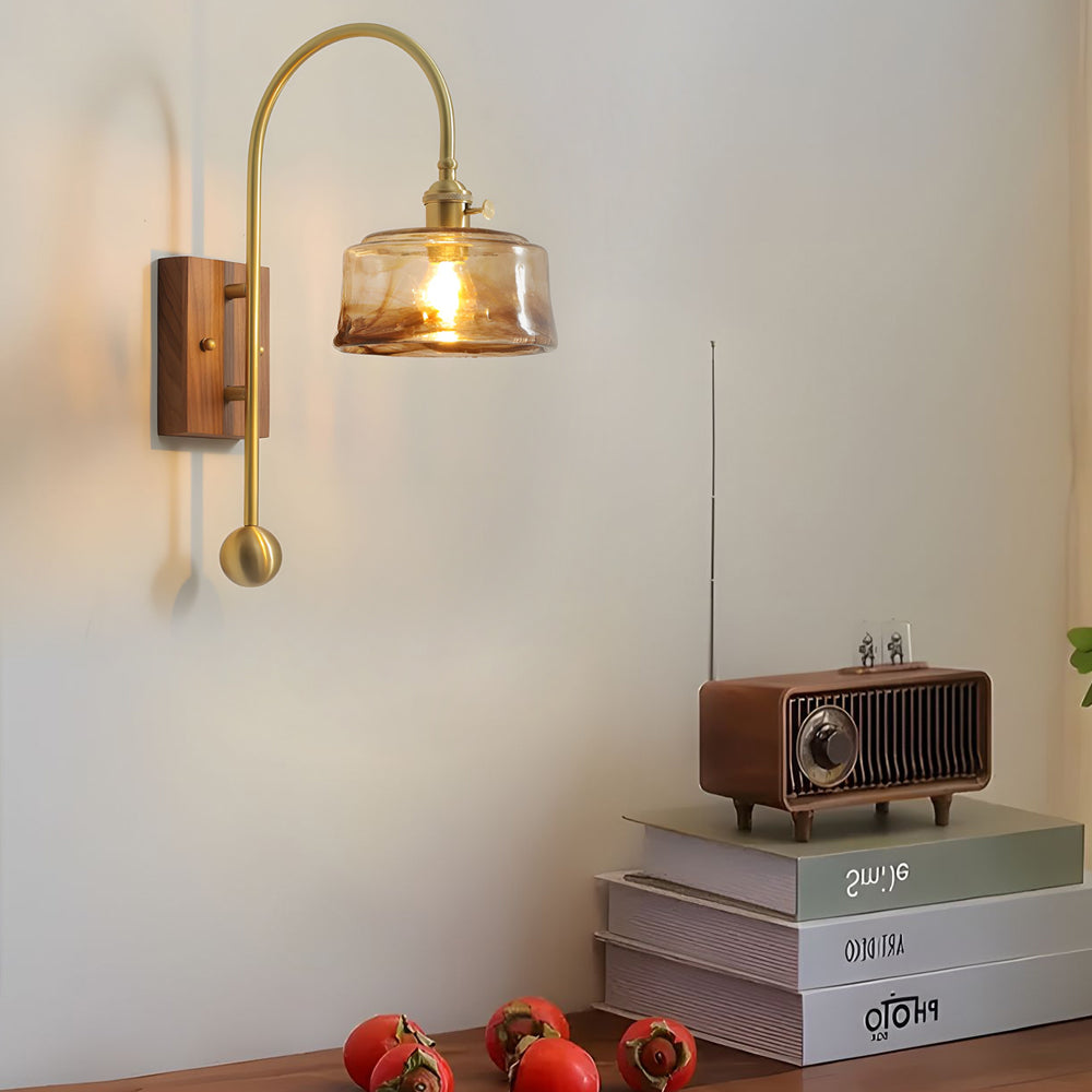 Mid Century Vintage Brass Wall Sconce with Water Ripple Glass Shade and Walnut Wood Base