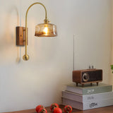 Mid Century Vintage Brass Wall Sconce with Water Ripple Glass Shade and Walnut Wood Base