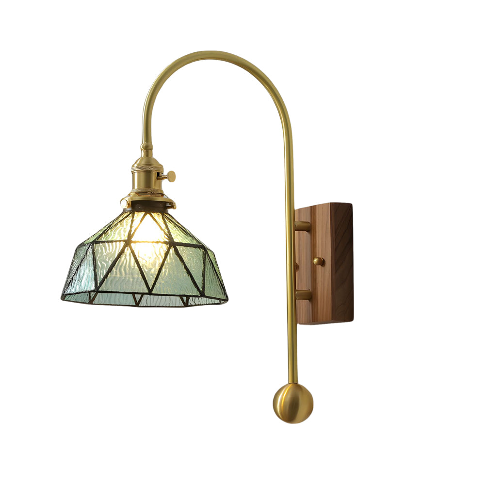 Mid Century Vintage Brass Wall Sconce with Water Ripple Glass Shade and Walnut Wood Base