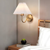 Mid Century Vintage Pleated Fabric Shade Wall Sconce with Dimmable LED Light and Metallic Armed Base