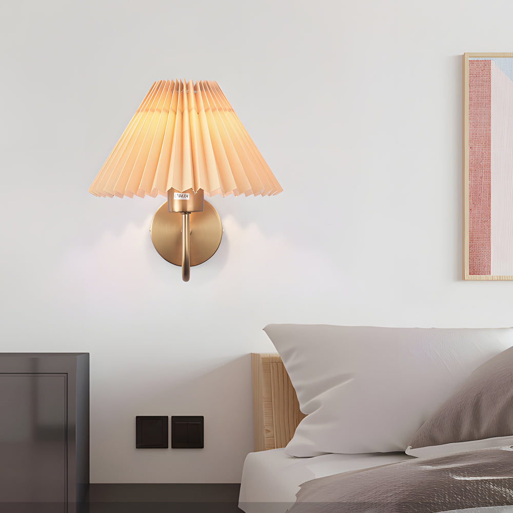 Mid Century Vintage Pleated Fabric Shade Wall Sconce with Dimmable LED Light and Metallic Armed Base