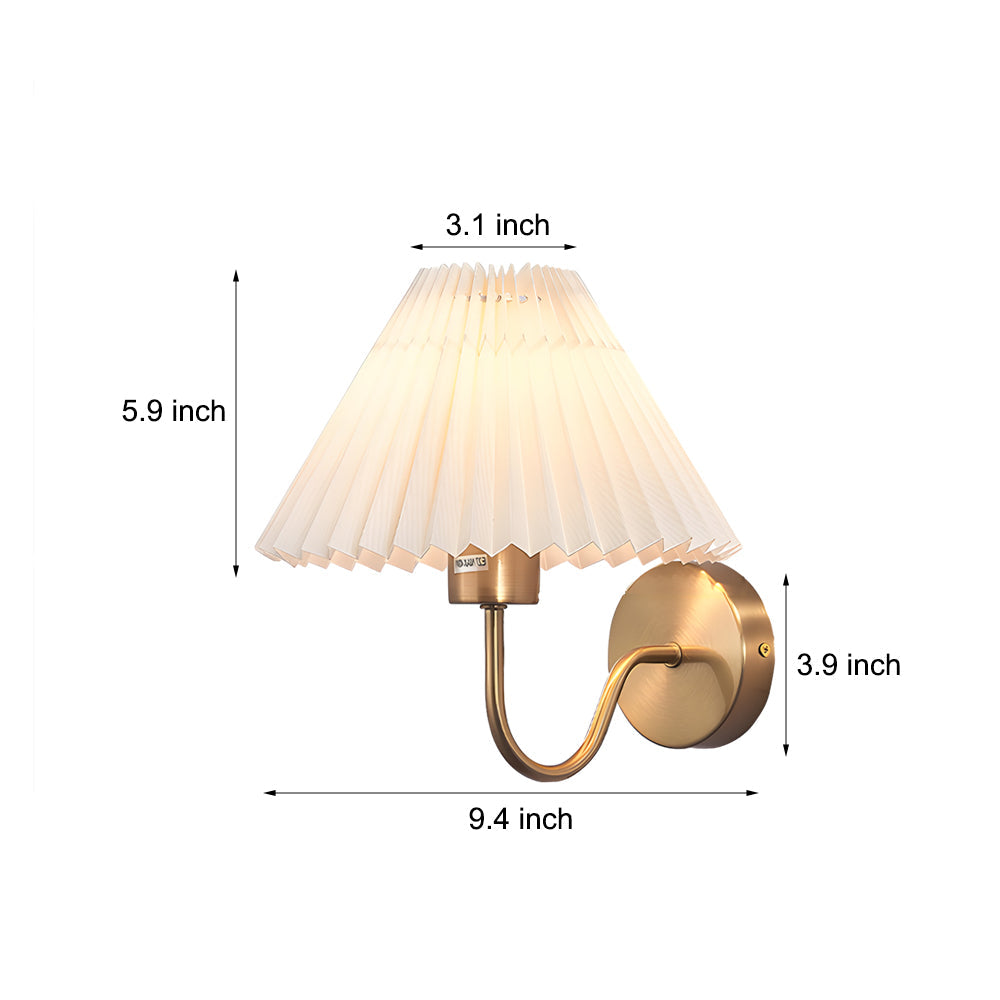 Mid Century Vintage Pleated Fabric Shade Wall Sconce with Dimmable LED Light and Metallic Armed Base
