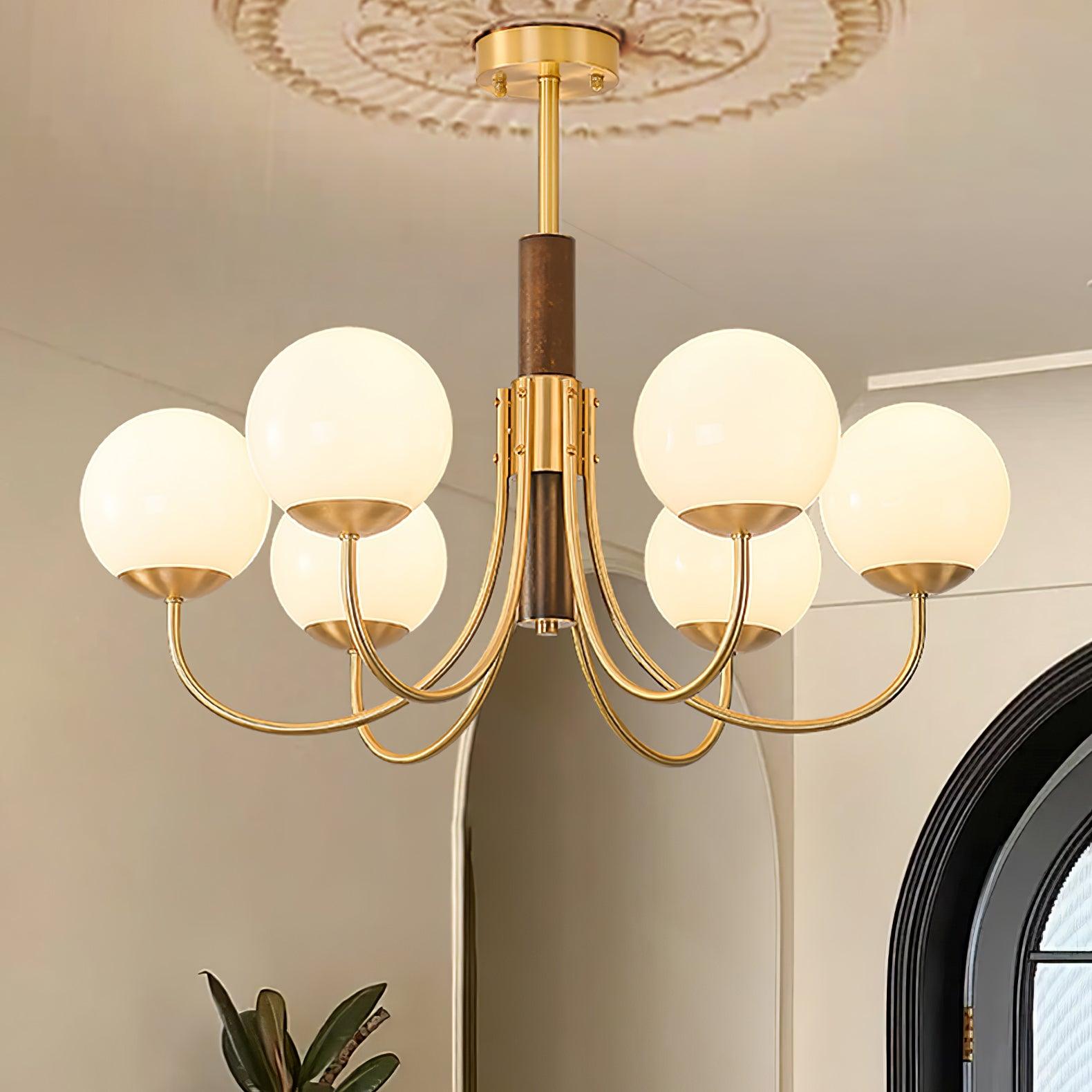 Mid Century Walnut Wood and Brass Sphere Chandelier with Glass Globe Shades