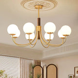 Mid Century Walnut Wood and Brass Sphere Chandelier with Glass Globe Shades