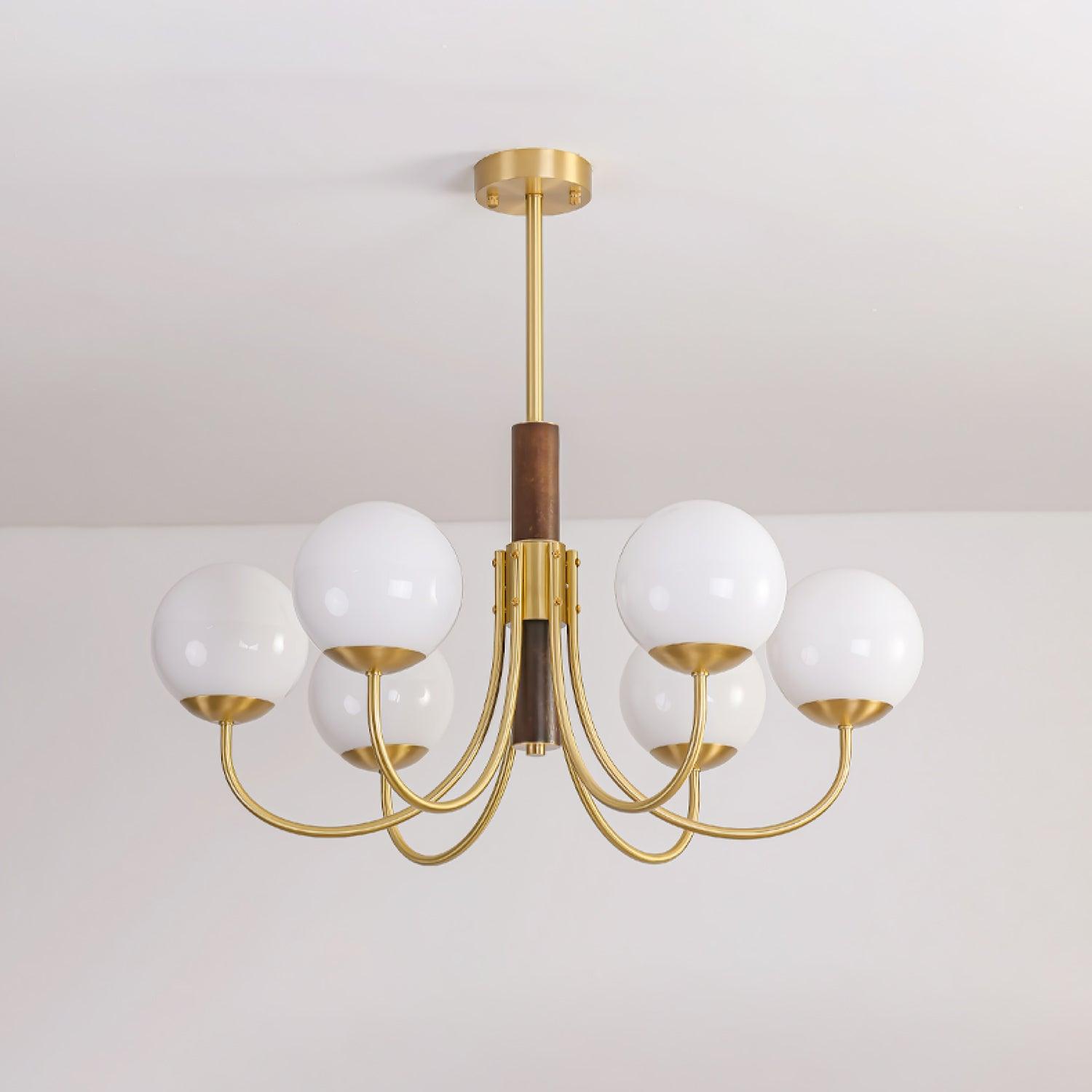 Mid Century Walnut Wood and Brass Sphere Chandelier with Glass Globe Shades