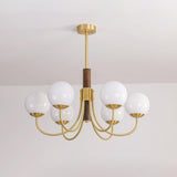 Mid Century Walnut Wood and Brass Sphere Chandelier with Glass Globe Shades