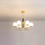 Mid Century Walnut Wood and Brass Sphere Chandelier with Glass Globe Shades