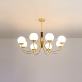 Mid Century Walnut Wood and Brass Sphere Chandelier with Glass Globe Shades