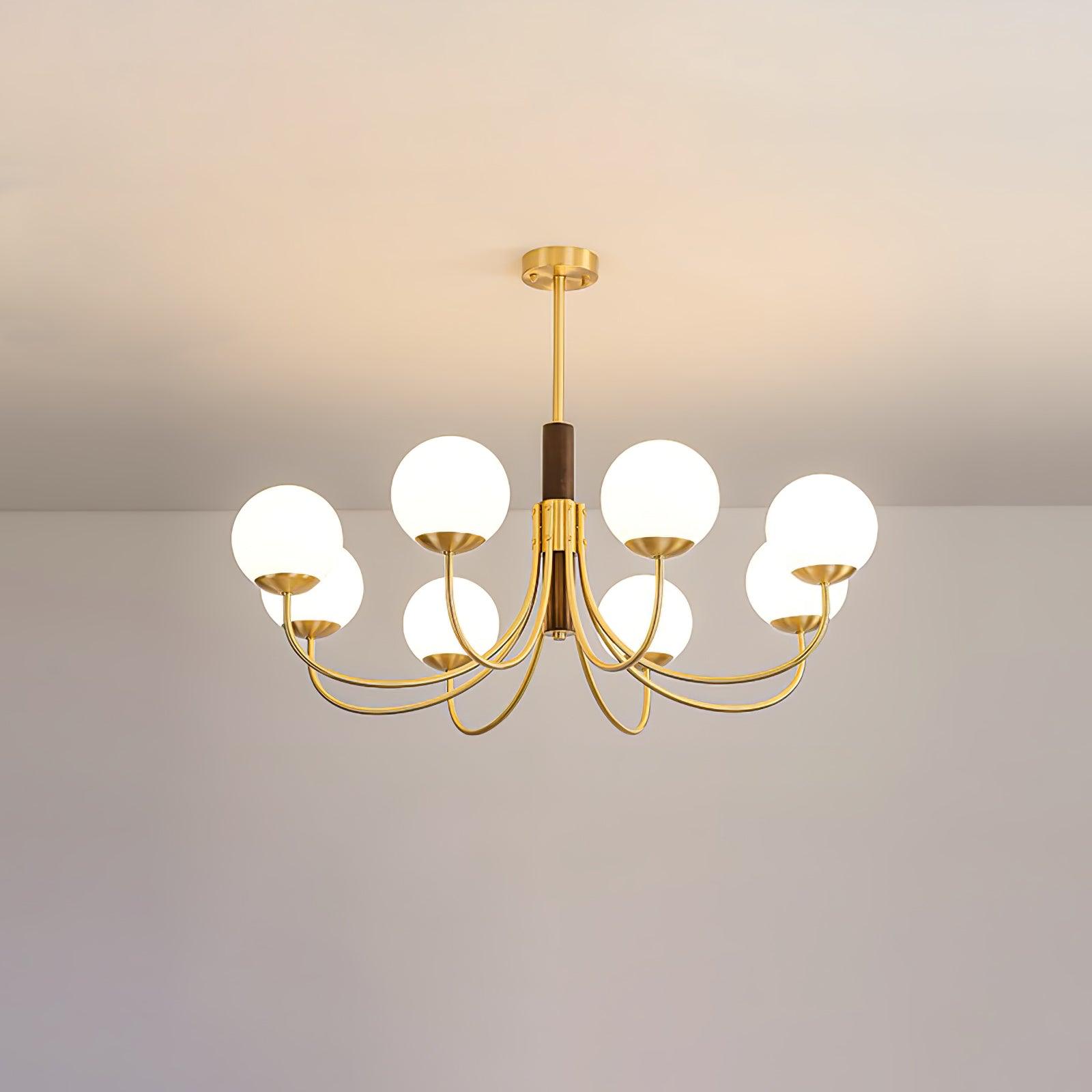 Mid Century Walnut Wood and Brass Sphere Chandelier with Glass Globe Shades