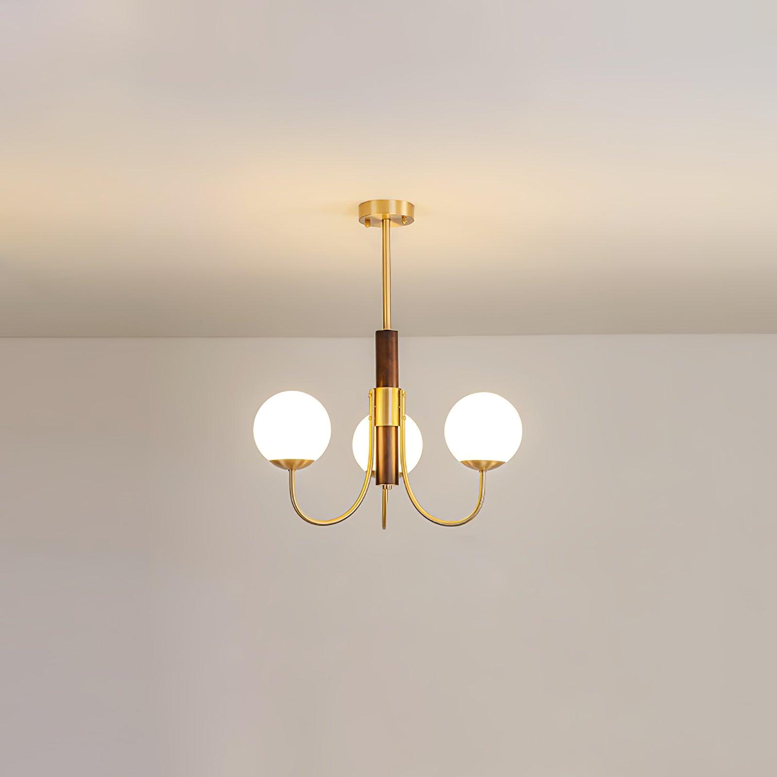 Mid Century Walnut Wood and Brass Sphere Chandelier with Glass Globe Shades