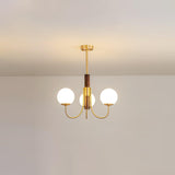 Mid Century Walnut Wood and Brass Sphere Chandelier with Glass Globe Shades