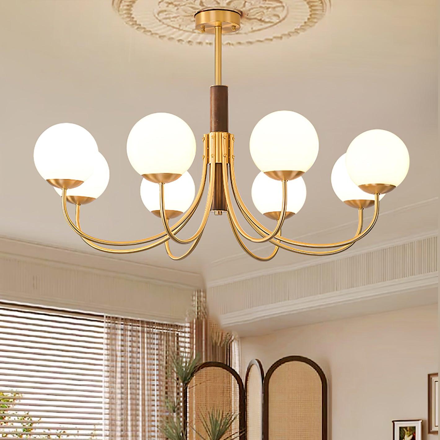 Mid Century Walnut Wood and Brass Sphere Chandelier with Glass Globe Shades