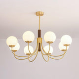Mid Century Walnut Wood and Brass Sphere Chandelier with Glass Globe Shades