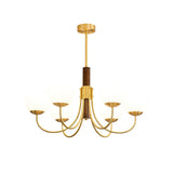 Mid Century Walnut Wood and Brass Sphere Chandelier with Glass Globe Shades