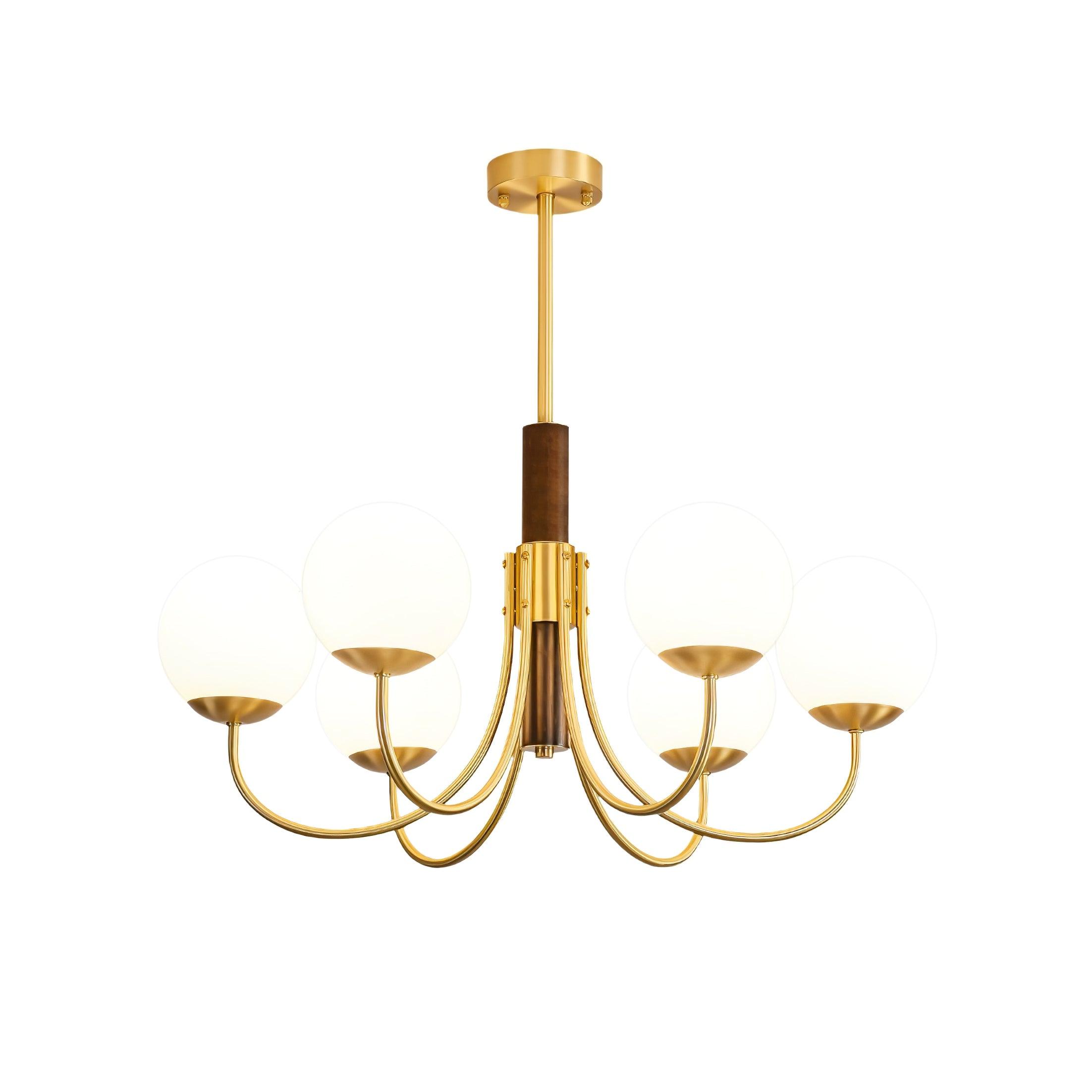 Mid Century Walnut Wood and Brass Sphere Chandelier with Glass Globe Shades