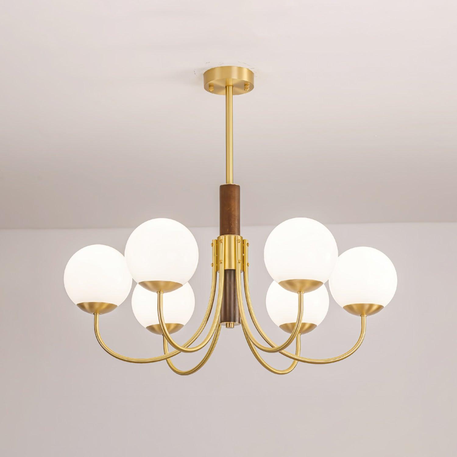 Mid Century Walnut Wood and Brass Sphere Chandelier with Glass Globe Shades