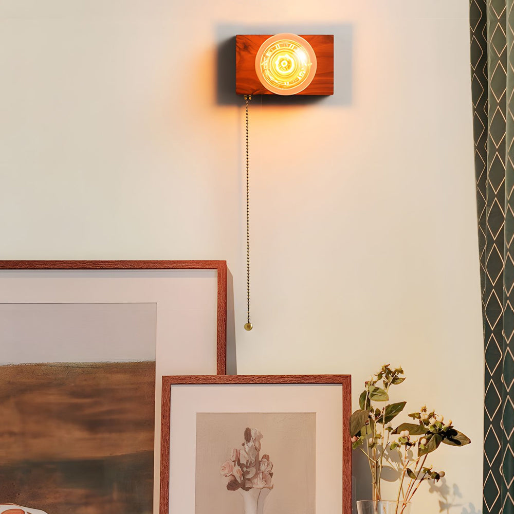 Mid Century Walnut Wood Wall Lamp with Pull Chain Switch for Bedside and Bedroom Lighting