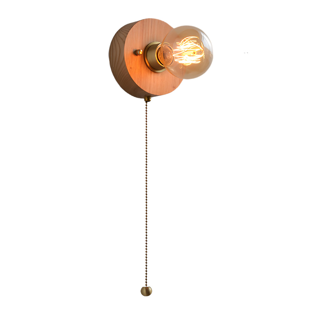 Mid Century Walnut Wood Wall Lamp with Pull Chain Switch for Bedside and Bedroom Lighting