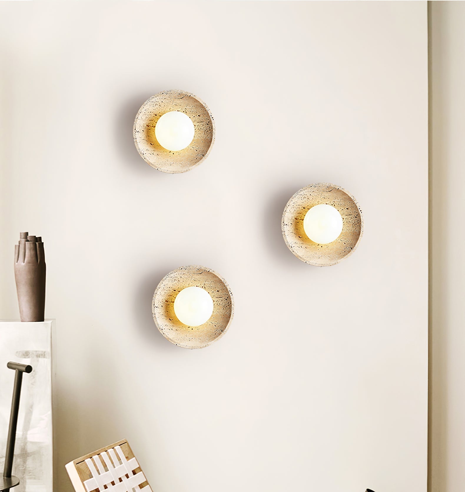 Minimalist Natural Travertine Stone Eclipse Wall Sconce Modern Circular Indoor Light Fixture