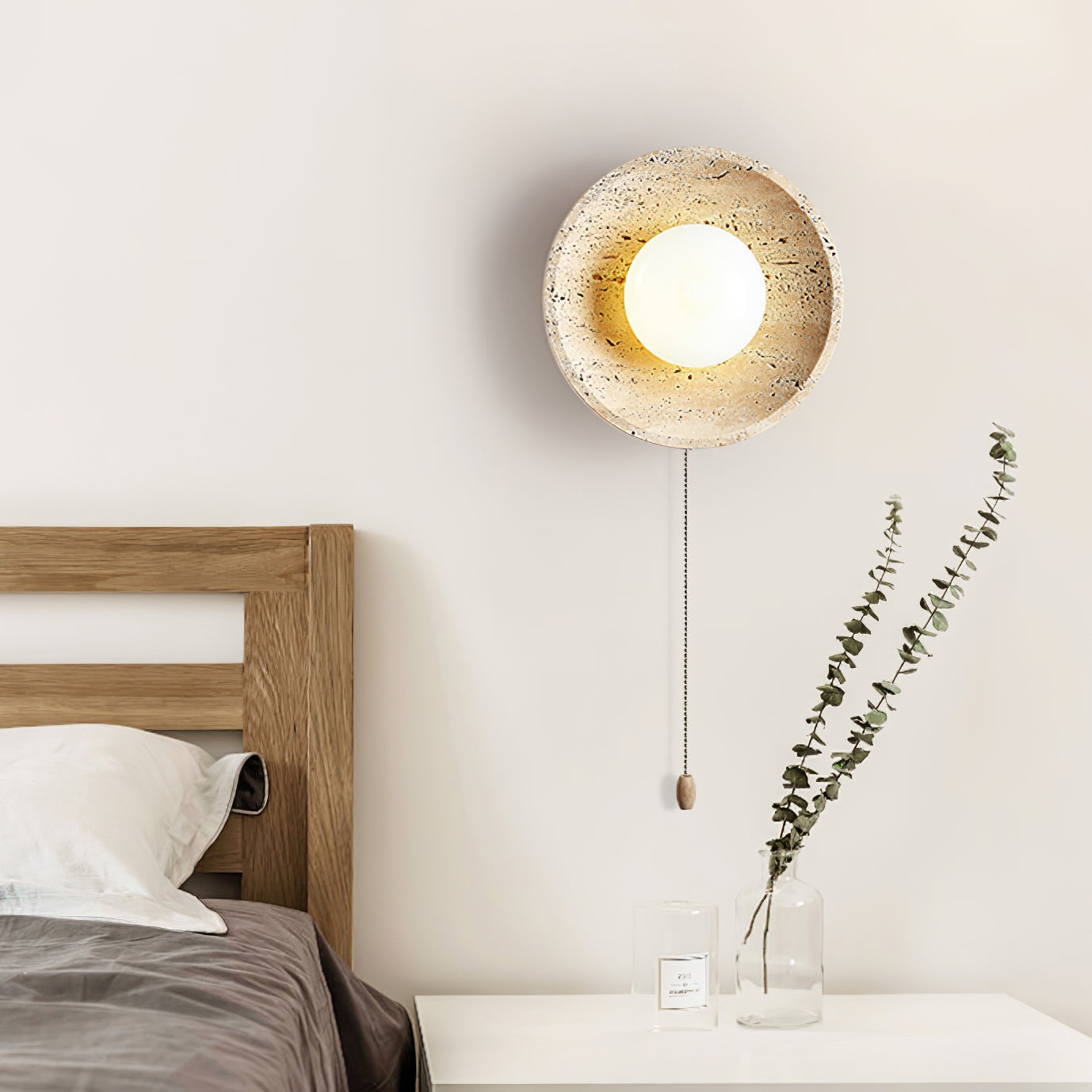 Minimalist Natural Travertine Stone Eclipse Wall Sconce Modern Circular Indoor Light Fixture