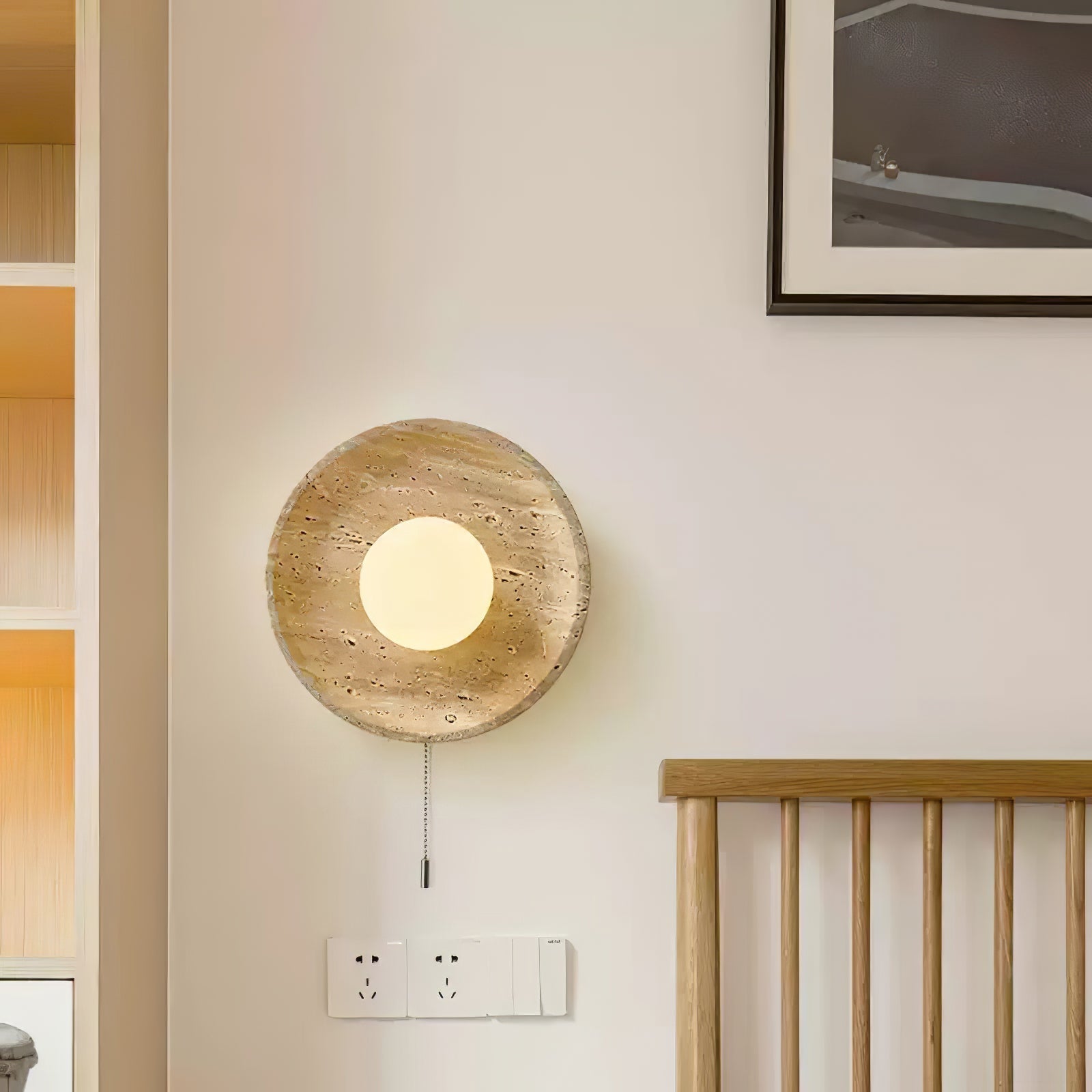 Minimalist Natural Travertine Stone Eclipse Wall Sconce Modern Circular Indoor Light Fixture